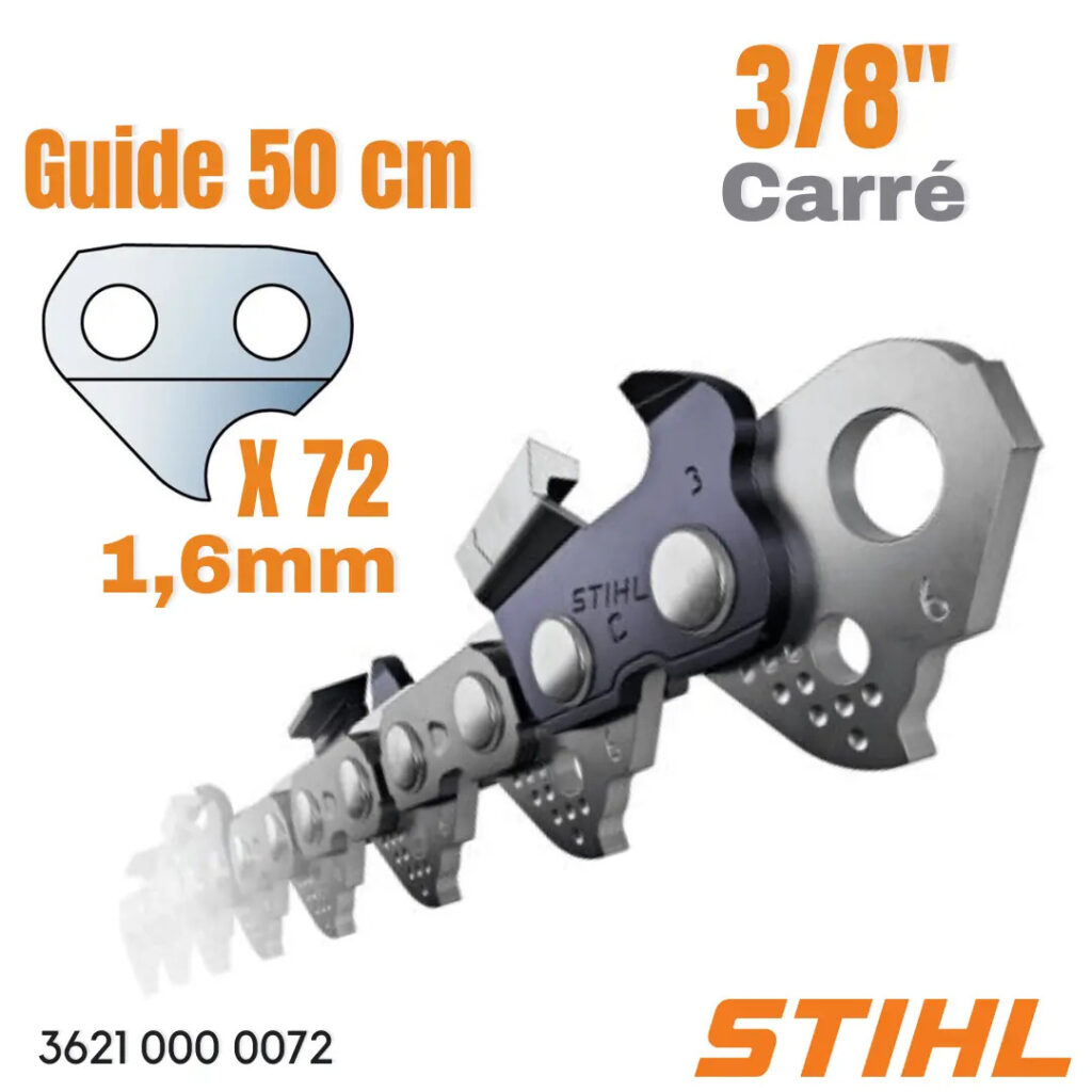Chaîne Stihl 3621 000 0072 Rapid super – 3/8″ – 1,6 mm – 72 ent – 50 cm